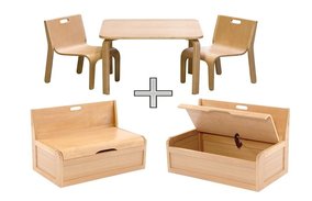 Impag Kindersitzgruppe Holz - Buche klar lackiert mit einem Holz Kindertisch und Stühlen (2 Stück) und einer Kinderbank mit Deckelbremse